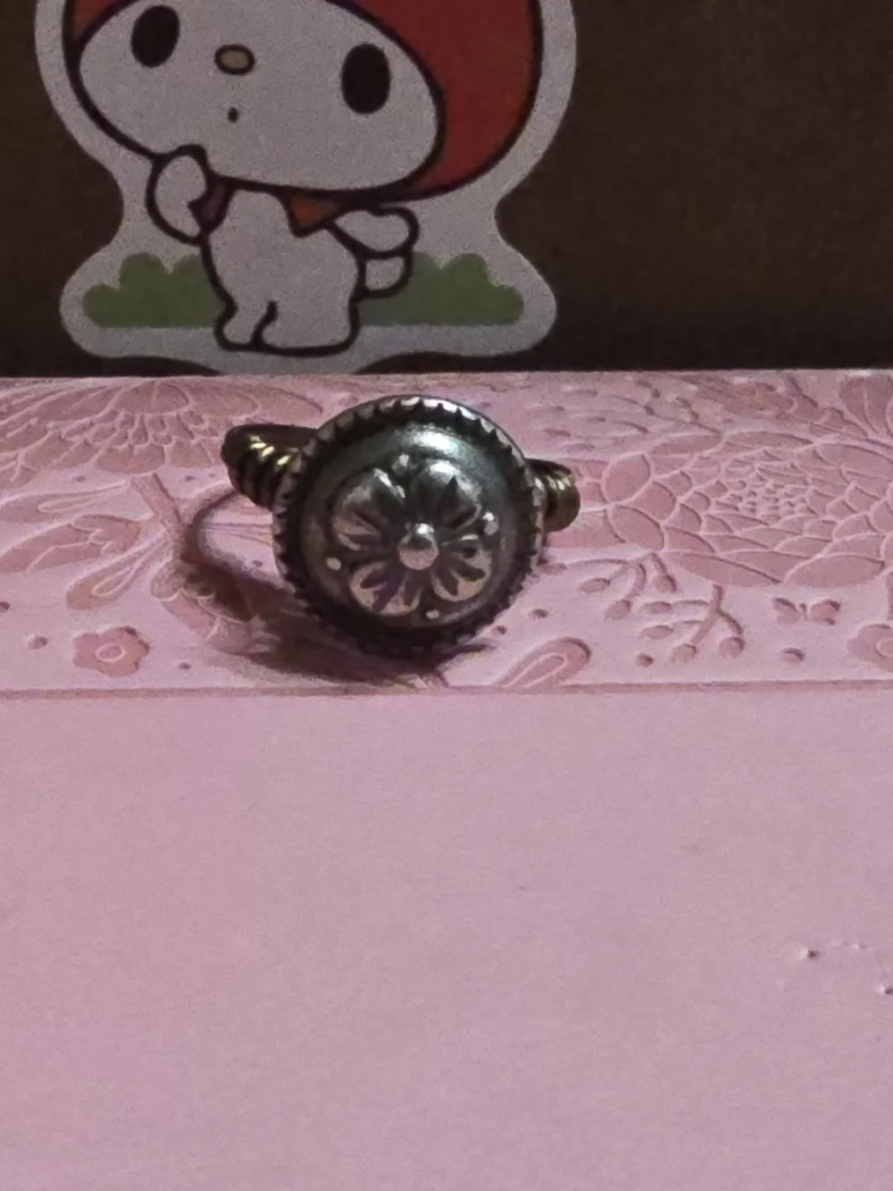 Hand Made Vintage-Style Floral Medallion Button Ring in Silver and Bronze Copper